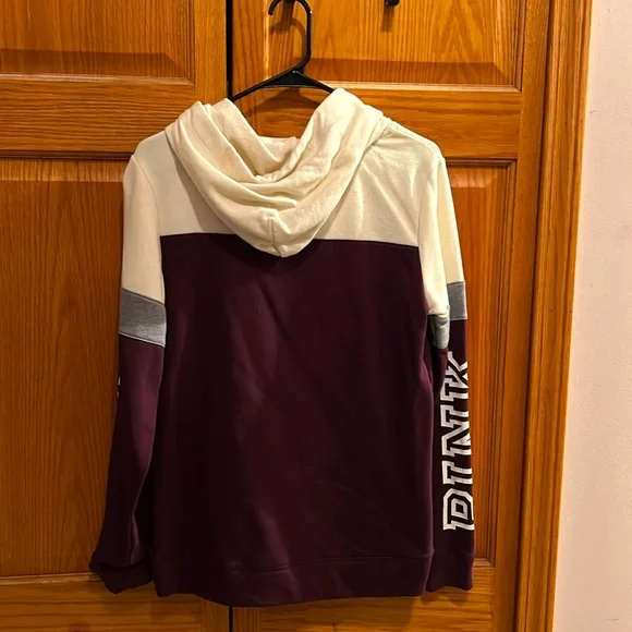 Women’s pink sweatshirt, size XS. Cross neck hoodie. Cream and burgundy w gray.. - Picture 3 of 5